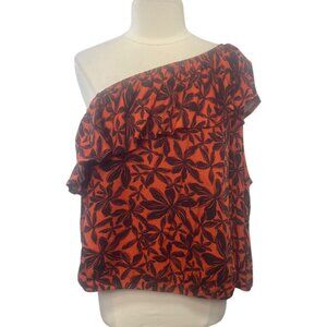 Ava & Viv Floral One Shoulder Top Womens 3X Orange Black New Ruffle